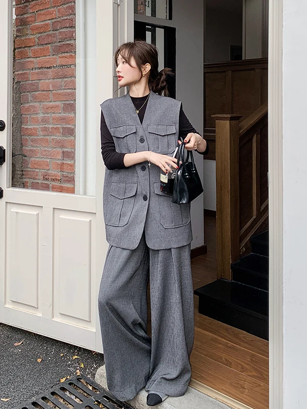 

ay High Waist Wide Leg Pants Vest Two Piece Set Women Early Spring Autumn New Ele Faionable Casual Sle Breathable