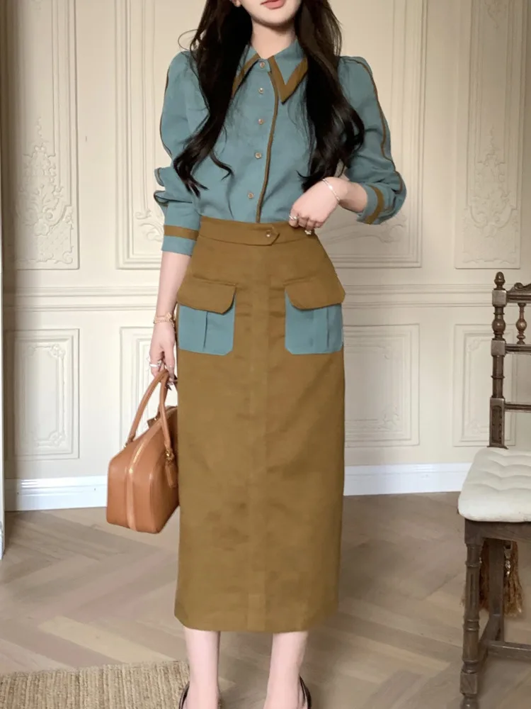 High Quality Autumn French Vintage Fashion 2 Piece Sets Women Outfit Korean Temperament OL Shirt Blouse Tops + Long Skirt Suits