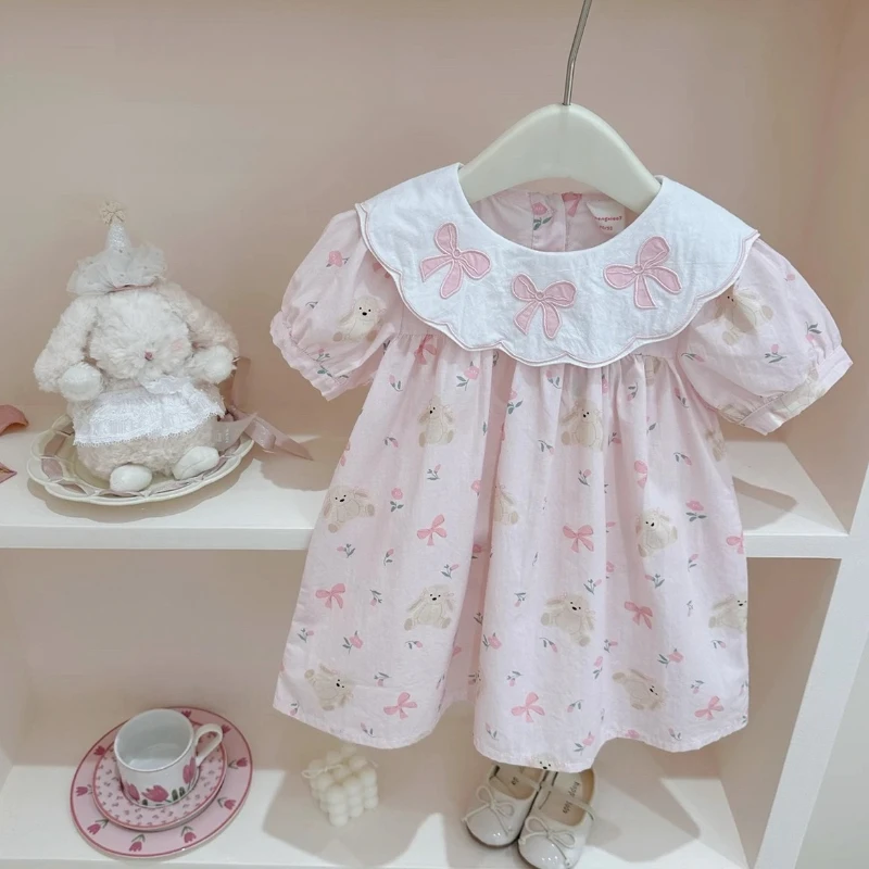 2026 Summer New Hot selling Girl's Doll Collar Bow Patch Pink Floral Half Sleeve Dress