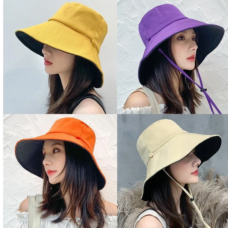 Summer Double-sided Bucket Hats Fashion Big Brim Foldable Solid Sun Hat Women Outdoor Beach Visor Caps Fisherman Cap for Travel