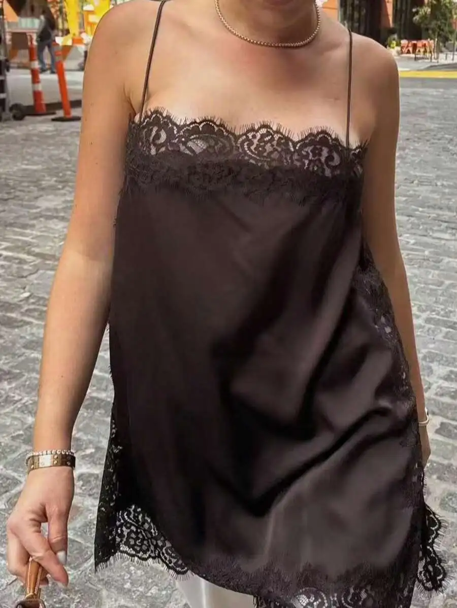 Black Satin Lace Trim Camisole Top for Women, Elegant Slip Style