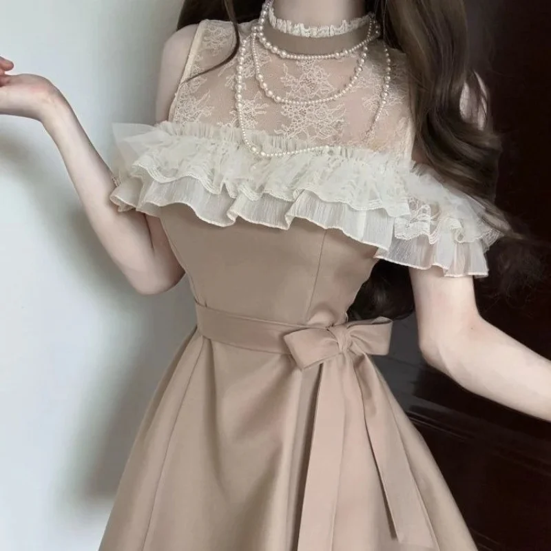 Abito da principessa dolce giapponese Elegante patchwork di pizzo Slim Fit Lace Up Vita A-line Mini abiti da festa Abiti sexy Y2k