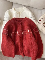 Christmas Red Flower Embroidered Knitted Cardigan 2024 Autumn/Winter Women's Round Neck Single Breasted Sweater Warm Jacket Tide