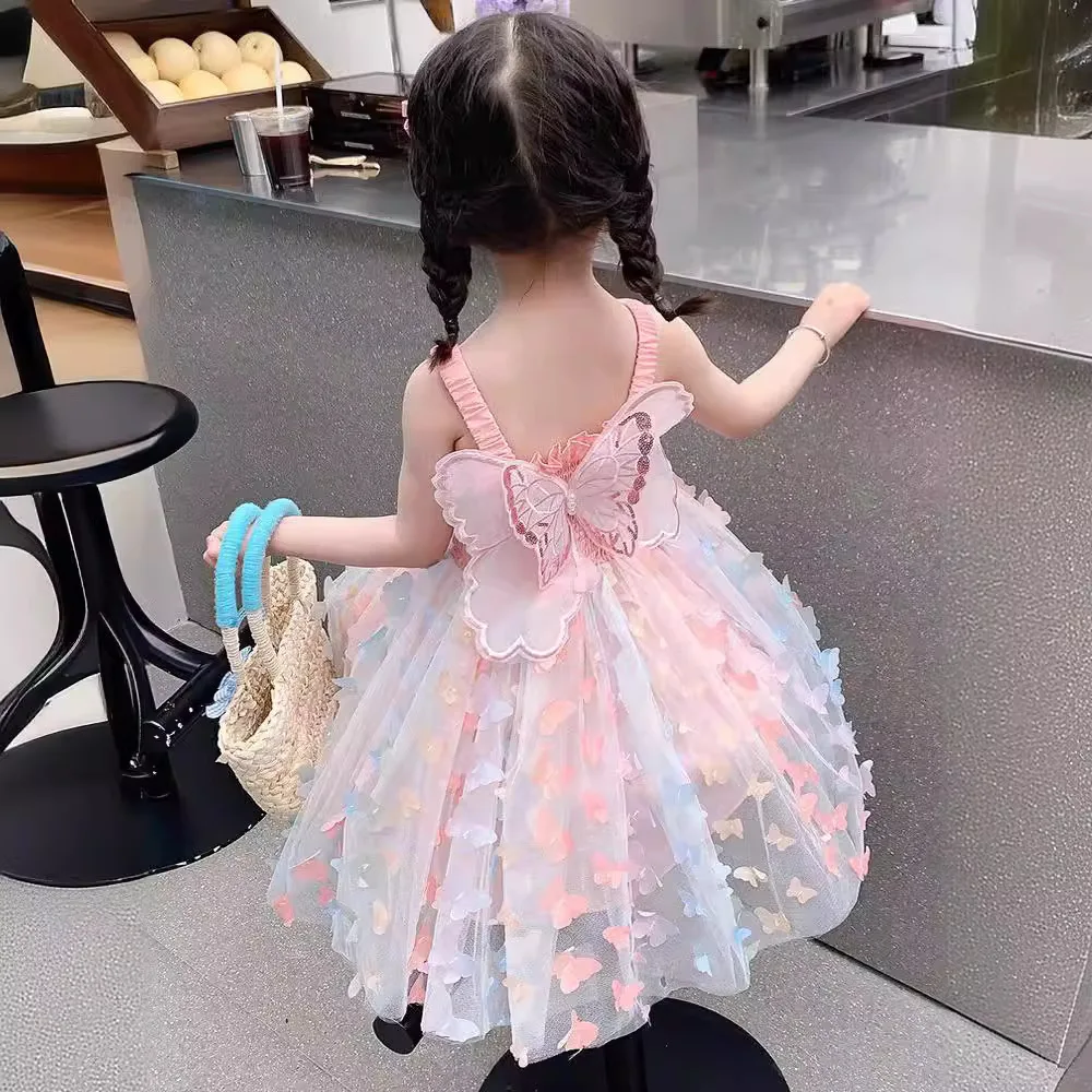 Baby Girls Summer Sweet Princess Flower Embroidery Baby Girl Dress Ruffles Sleeveless Bow Tulle Toddler Party Dress With Wings