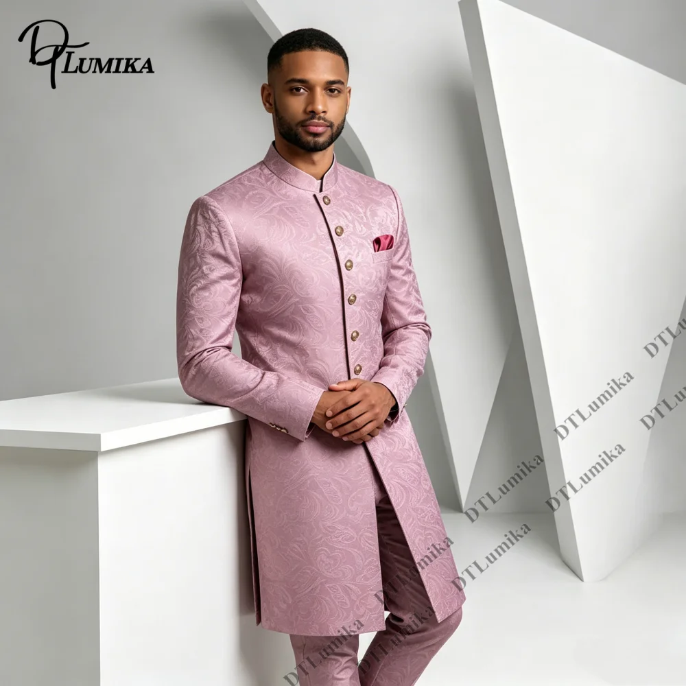 Mandarin Collar Long Embossed Men 2 Piece Suit Set Long Coat with Matching Pants Ethnic Wedding Festival Banquet Elegant Tuxedo