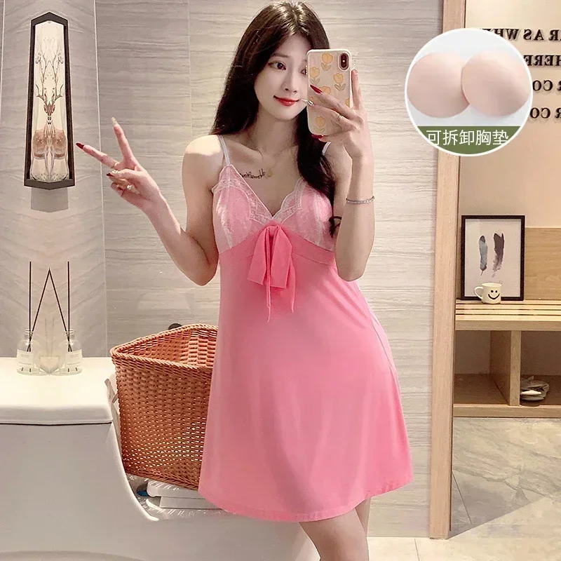 

2025 Summer Sexy Lace Lingerie Spaghetti Strap Cotton Nightgowns for Women Cute Sleepwear Nightdress Night Dress Home Nighty
