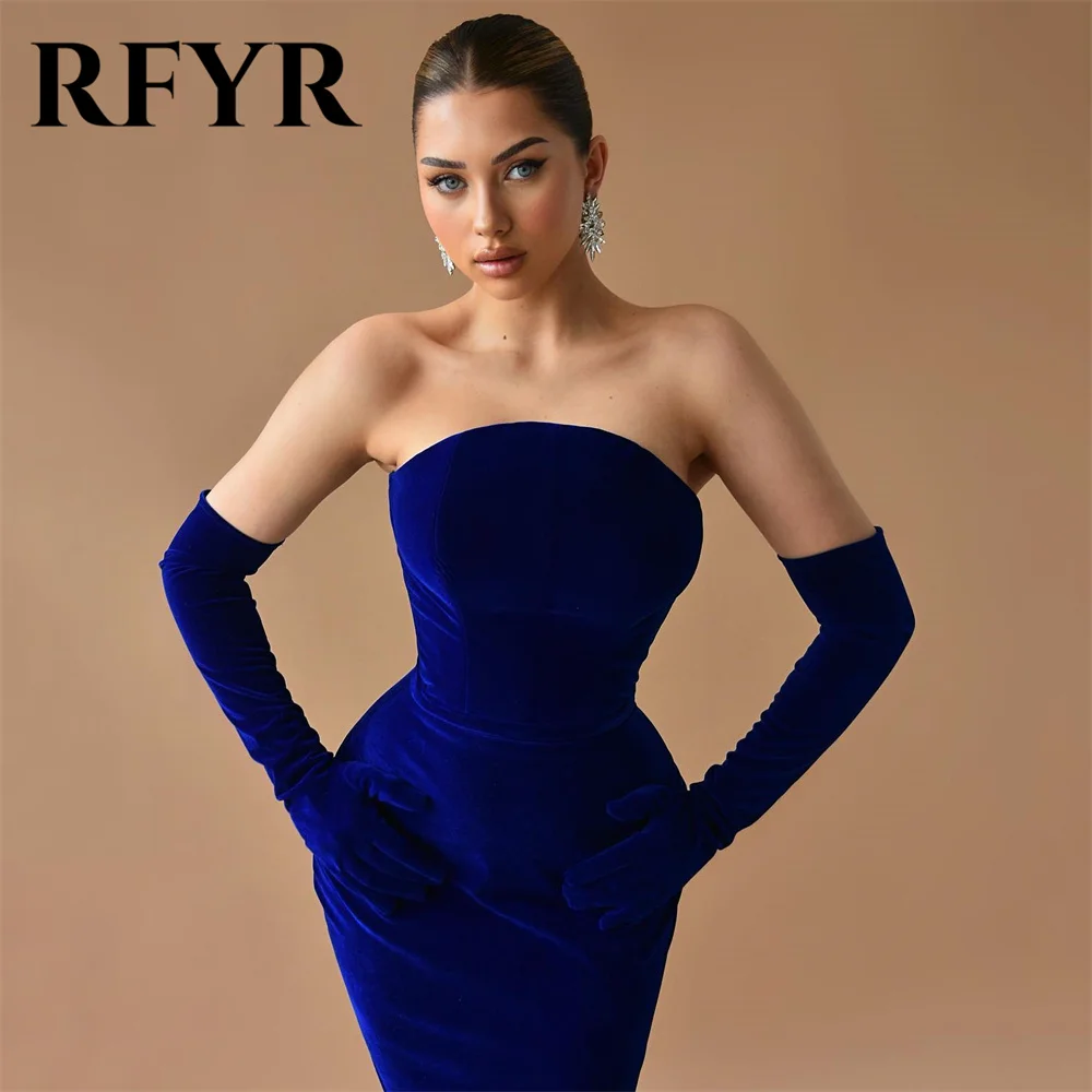 RFYR Elegant Evening Dresses With Gloves Mermaid Velvet Sweep Train Vestidos de noite Prom Formal Dress for Women Customized