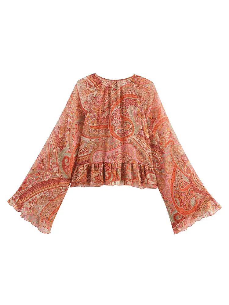 TFAFXY المرأة بلوزة أنيقة غير رسمية الأزهار طباعة الكشكشة مضيئة كم قمصان موضة جديدة ربيع الخريف عطلة البلوزات