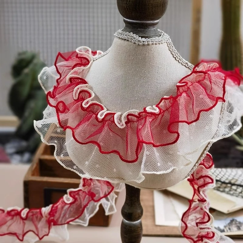 HOT Double intercolor Red and White ruffled lace DIY clothing skirt hat hem curtain bedding border sewing girl\'s room decoration