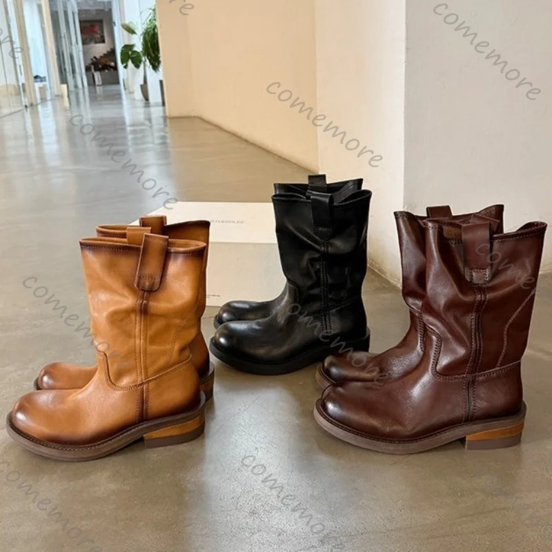 Retro Western Leather Cowboy Boots Fashion Female Chunky Heel Autumn Winter Women's Pleated Round Toe Knight Booties Lady Shoes