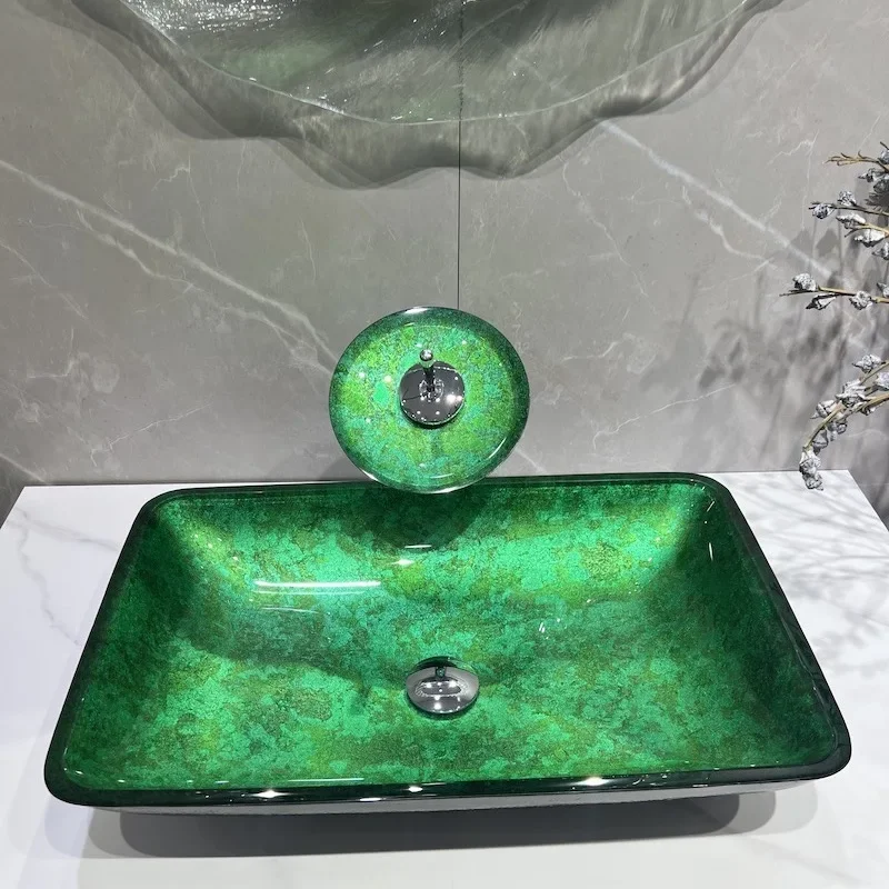 Retro green tempered glass washbasin household table basin simple art basin creative rectangular washbasin round
