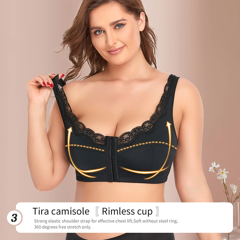 Plus Size Front Closure Bras for Women Wireless Cross Compression Abs Back Support Sports Underwear Lace Push Up Vest Bra Corset