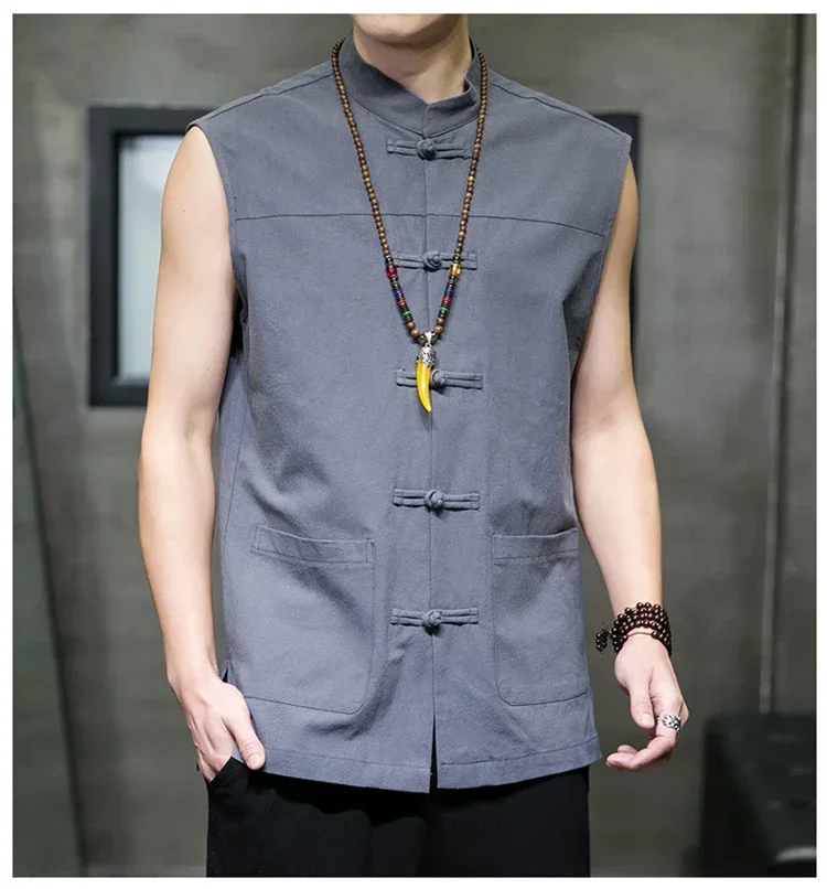 Spring Summer Men\'s Chinese Vintage Linen Vest Sleeveless Shirt Hanbok Cardigan Jacket Harajuku Open Seam Jacket M-5XL