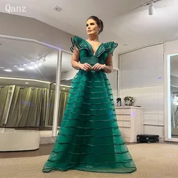 Qanz Vestidos de fiesta elegantes de color verde esmeralda, vestidos de noche largos de tul con cuello en V profundo, vestido para ocasiones formales hasta el suelo personalizado