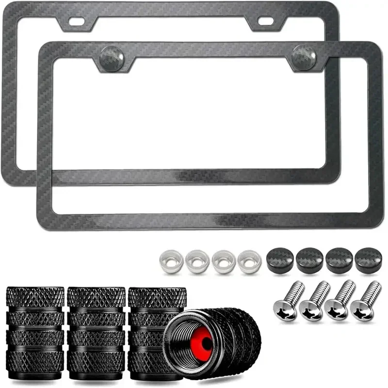 New 1/2pcs Black Carbon Fiber Pattern Plastic License Plate Frame Fiber Black Aluminum Metal Car Tag Holder Tire Screw Cap