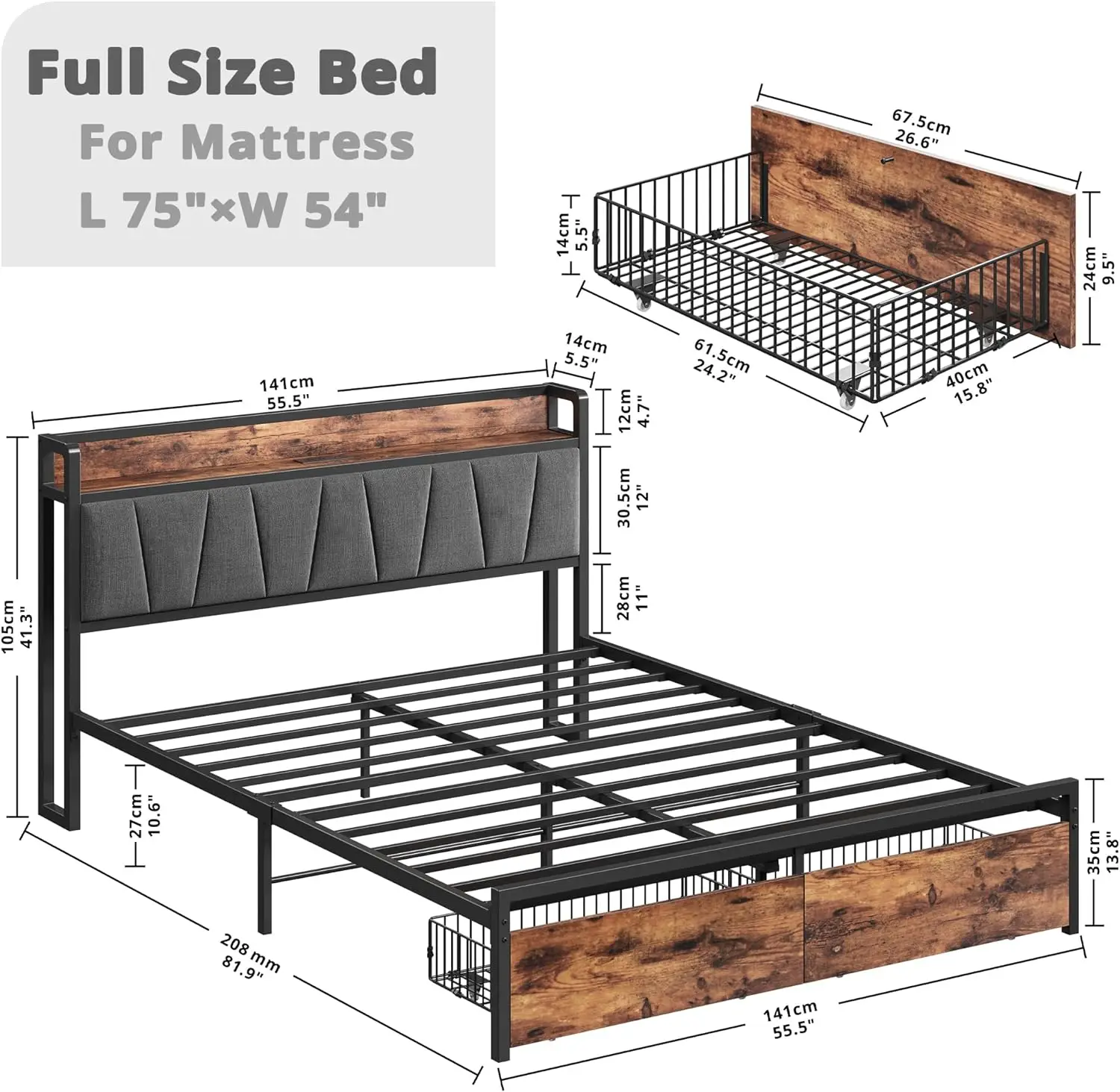 Rangka tempat tidur ukuran penuh, penyimpanan Headboard dengan stasiun pengisian, tempat tidur Platform dengan laci, tanpa kotak pegas yang diperlukan, pemasangan mudah