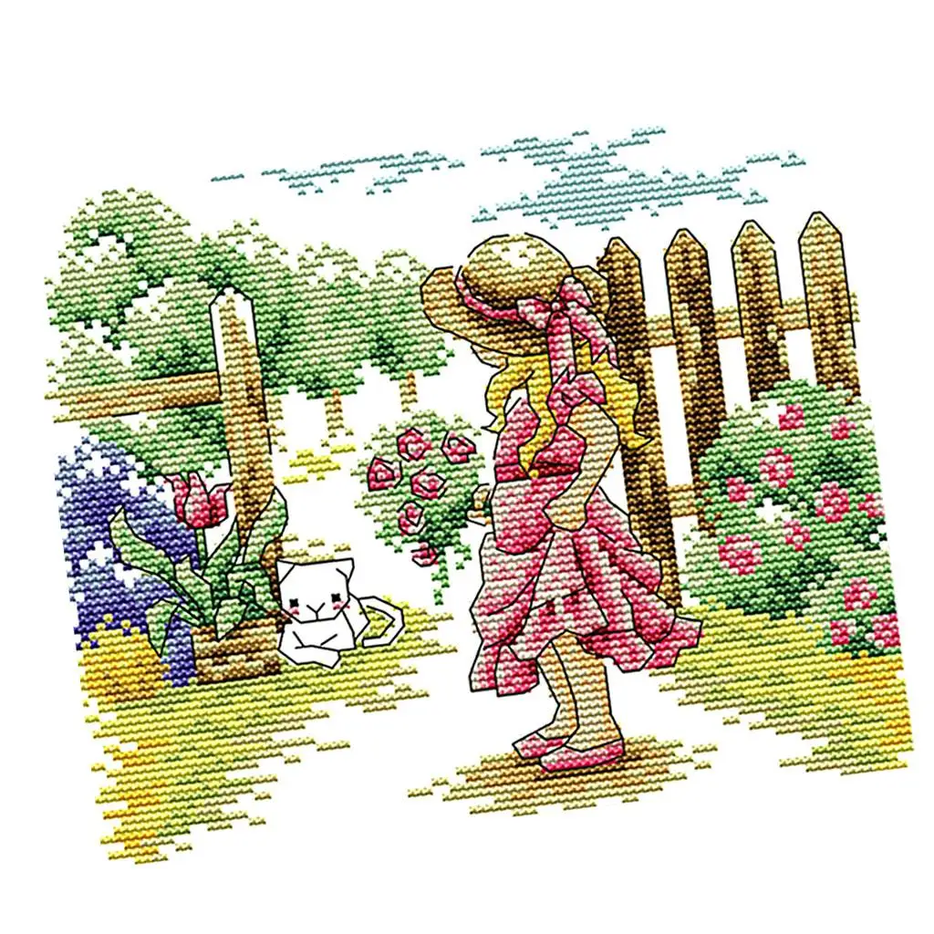 Stamped Cross Stitch Kit Cotton Printed 14CT 11CT Girl Cat Pattern Needlework Craft for Home Wall Decor