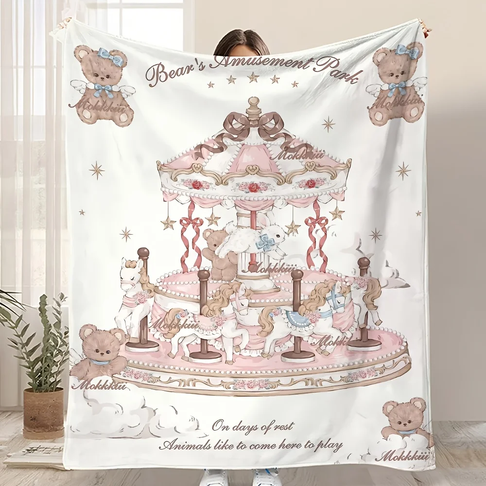 Flannel Throw Blanket Bear Amusement Park Theme Cute Cozy Picnic Sofa Bed Decor Nursery Whimsical Cartoon Christmas Gift for Kid