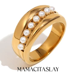 MamacitaSlay Vintage Intermediate Imitation Pearl Rings 18K Gold Plated 316L Stainless Steel Ring Woman Waterproof Daily Jewelry