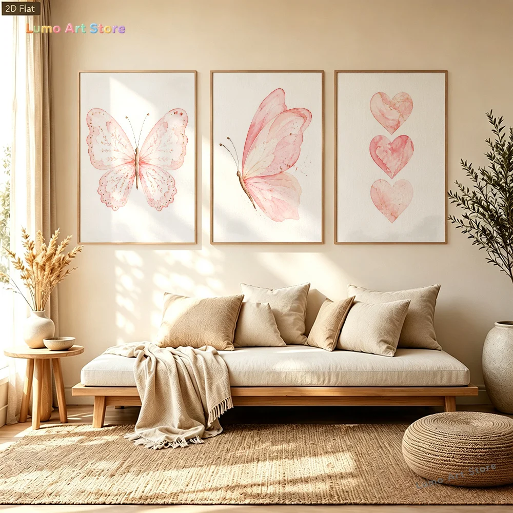 2D Flat, 2D/Flat 3pcs Watercolor Style Pink Butterfly Wall Art, Elegant Canvas Print with Golden Foil Accents, Perfect Wall D