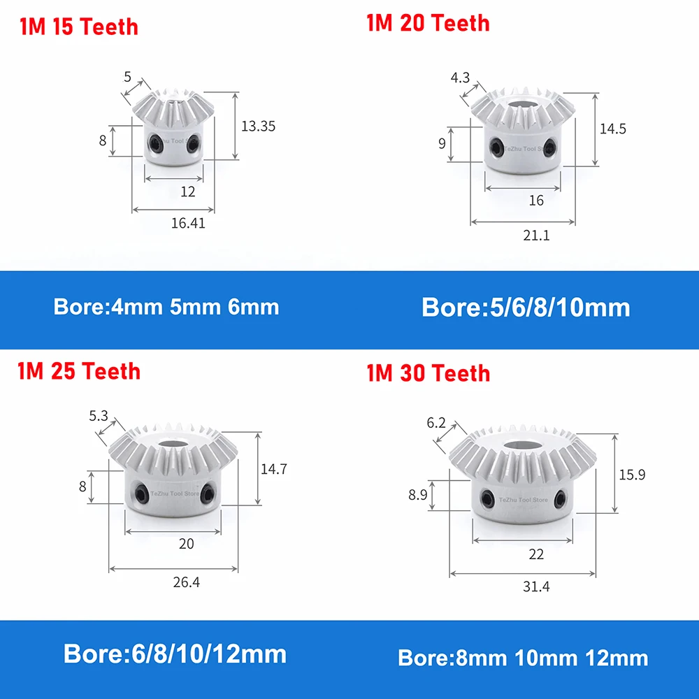 1 Stuks 1:1 Kegeltandwiel 1mod 15/20/25/30 Tanden Aluminiumlegering 90 Graden Ingrijpende Hoek Stalen Tandwiel Boring 4/5/6/8/10/12Mm Spiebaan Boring