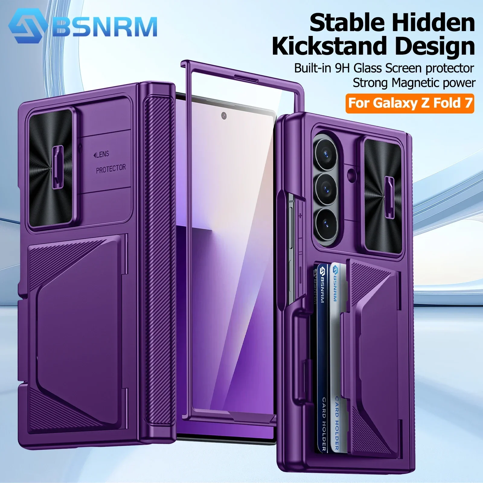 

Чехол-кошелек для Galaxy Z Fold 7, держатель RFID-карты, встроенная защита HD, чехол для камеры с раздвижной стороны, противоударный силиконовый чехол для телефона-фиолетовый