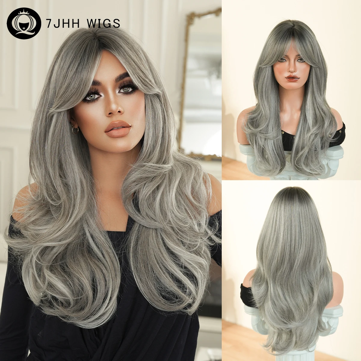 7JHH WIGS Lange, glatte Aschgraue Perücke für Damen – Hochdichte, synthetische, modische Perücke mit Mittelscheitel, sofort tragbar, graue Perücken mit dunklem Ansatz