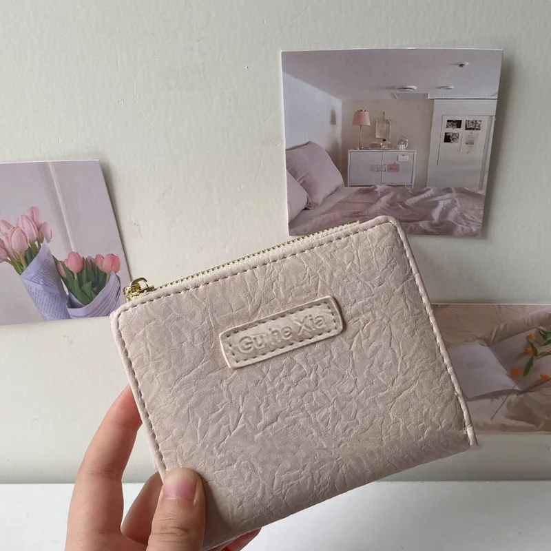 Simple Wrinkled Short Wallet for Women, Compact Foldable Multi-Card Slots Card Holder Purse