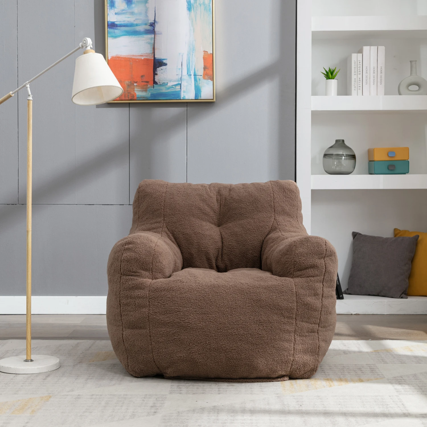 Soft Teddy Fabric Tufted Bean Bag Chair - Coffee Color, Comfy Foam Filling