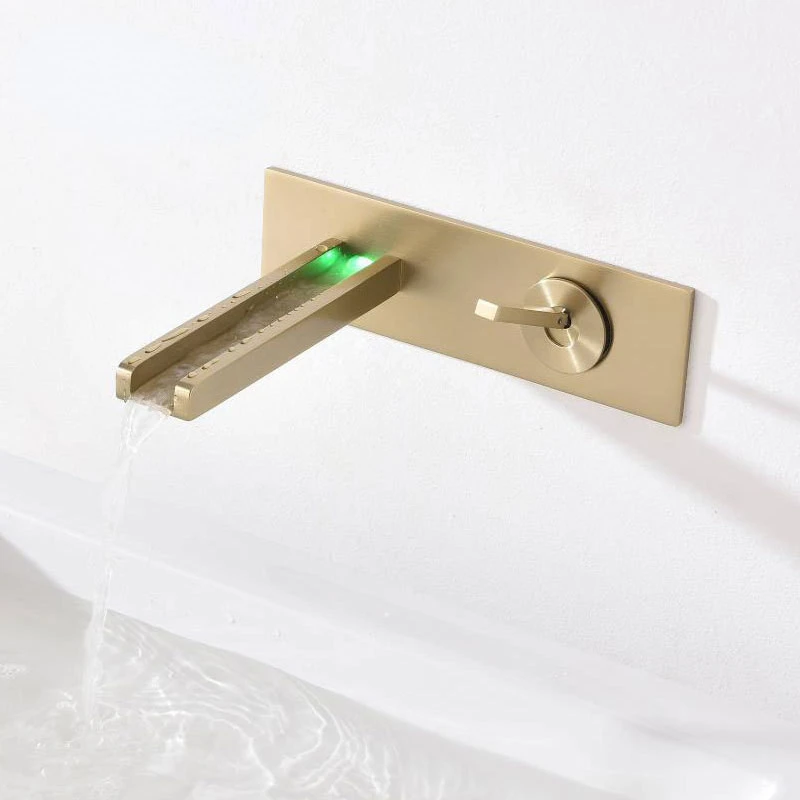 

Mounted LED Waterfall Brushed Gold Bathroom Sink Faucet In-Wall Basin Spout Mixer Tap Set Solid Brass tap