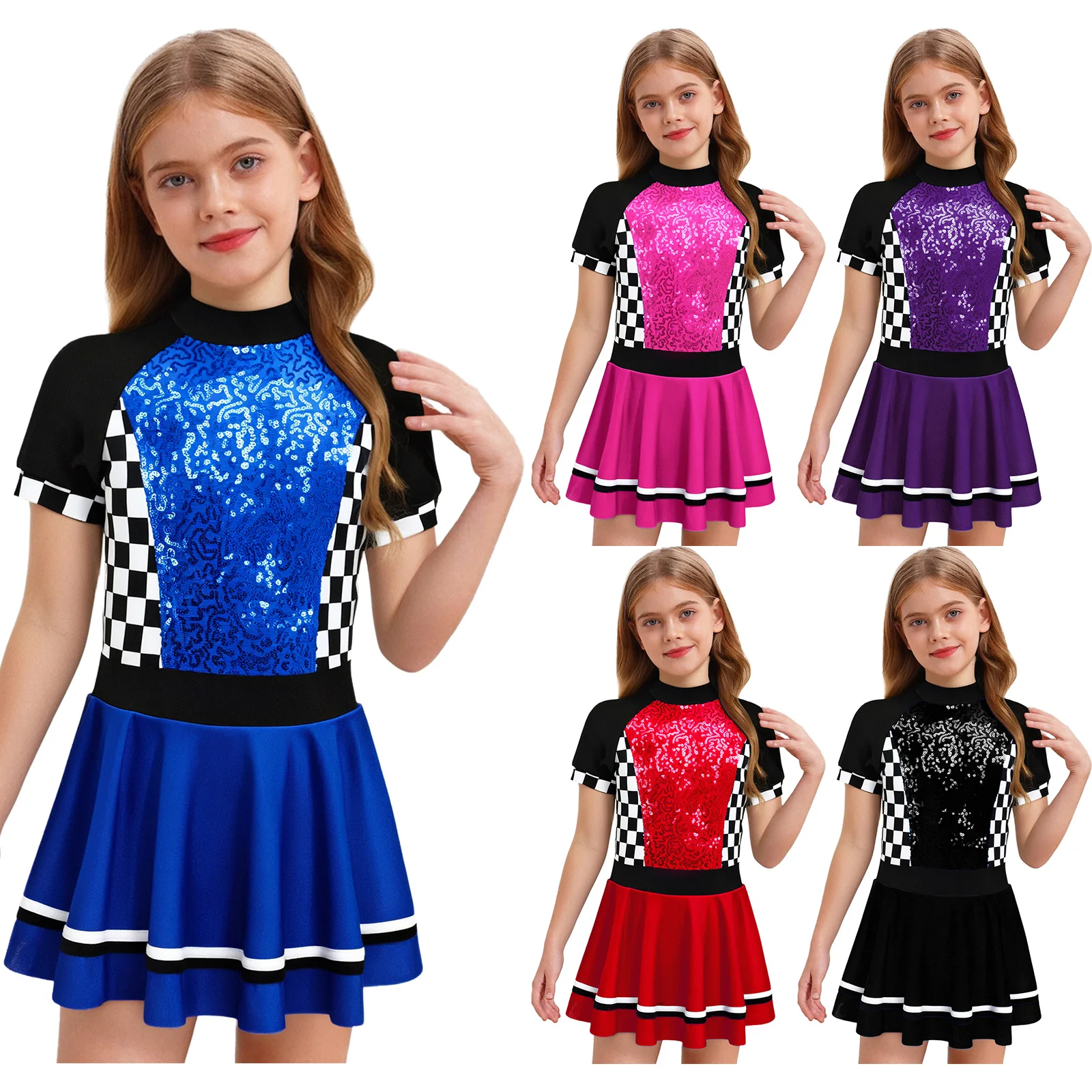 

Kids Checkerboard Shiny Sequins Dress Racing Driver Carnival Cosplay Theme Party Cheerleading Team Dancewear Racer Girl Costume