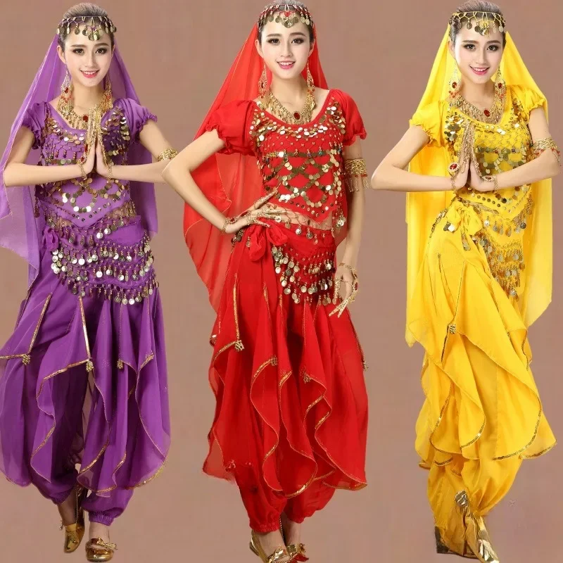

Ladies Belly Dance Outfit Set Oriental Indian Dance Halloween Costume Set Women Sequin Tops with Harem Pants Training Suit
