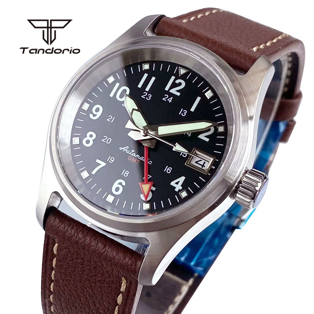 Tandorio 36mm Steel Automatic NH34 GMT Pilot Diving Men's Watch 20BAR Sapphire Mechanical Field Wristwatch Date Lume Waterproof