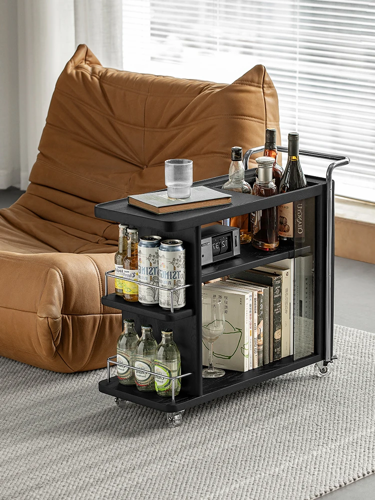 Fanya Furniture Mobile Edge Table Black Solid Wood Tea Table with Wheels  Car Sofa  Table Edge Cabinet Small Cart