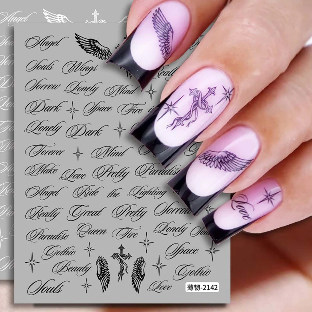 2-teiliges Set Buchstaben-Nagelaufkleber Schwarz & Weiß Buchstaben-Wörter Nagelsticker Aufkleber Flügel-Designs Holographische Y2K Nagel-Dekorationssets DIY