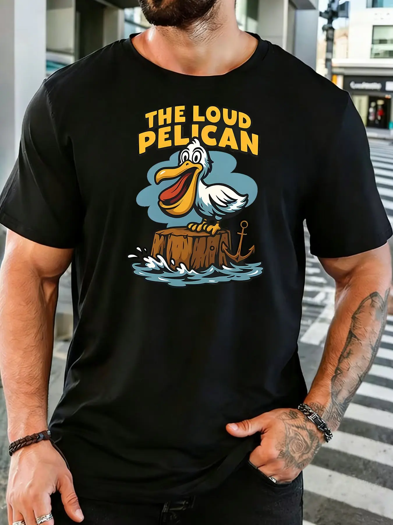 Men Olive Green Crew Neck Tee The Loud Pelican Cartoon Bird Stump Anchor Wave Retro Coastal Bird Lover Soft Cotton Casual Top