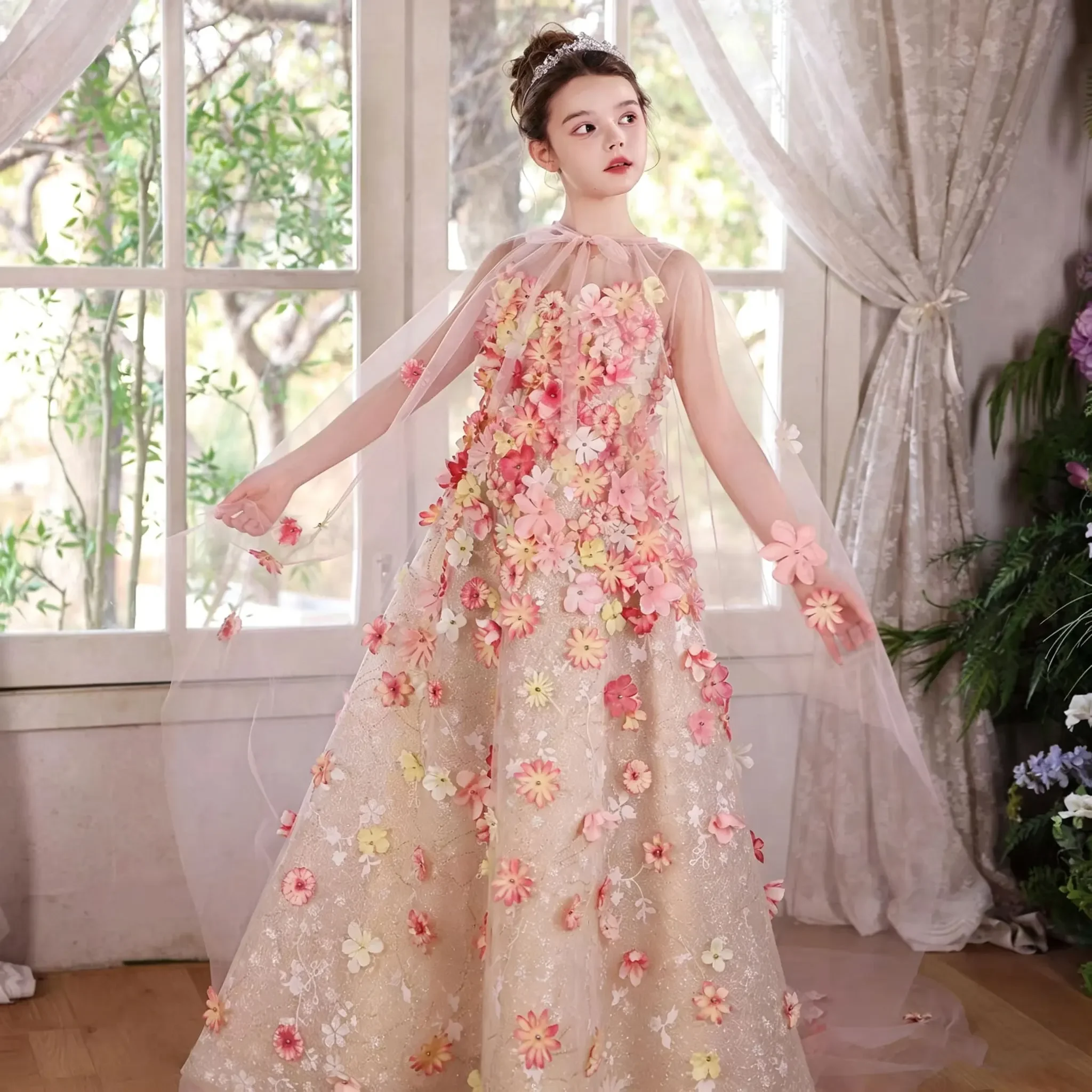 

Custom Flower Girl Dress Wedding Gown Birthday Party Pageant 3D Floral Tulle Ball Gown With Cape For Girls فساتين اطفال