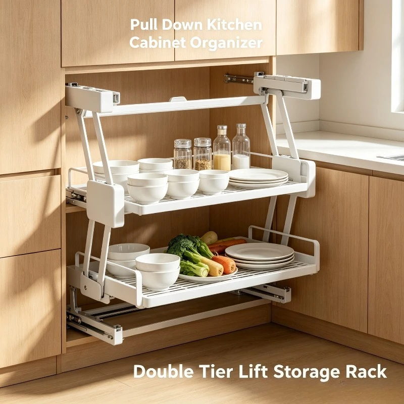 Pull Down Kitchen Cabinet Organizer Double Tier Lift Storage Rack for Bowl Spice Plate