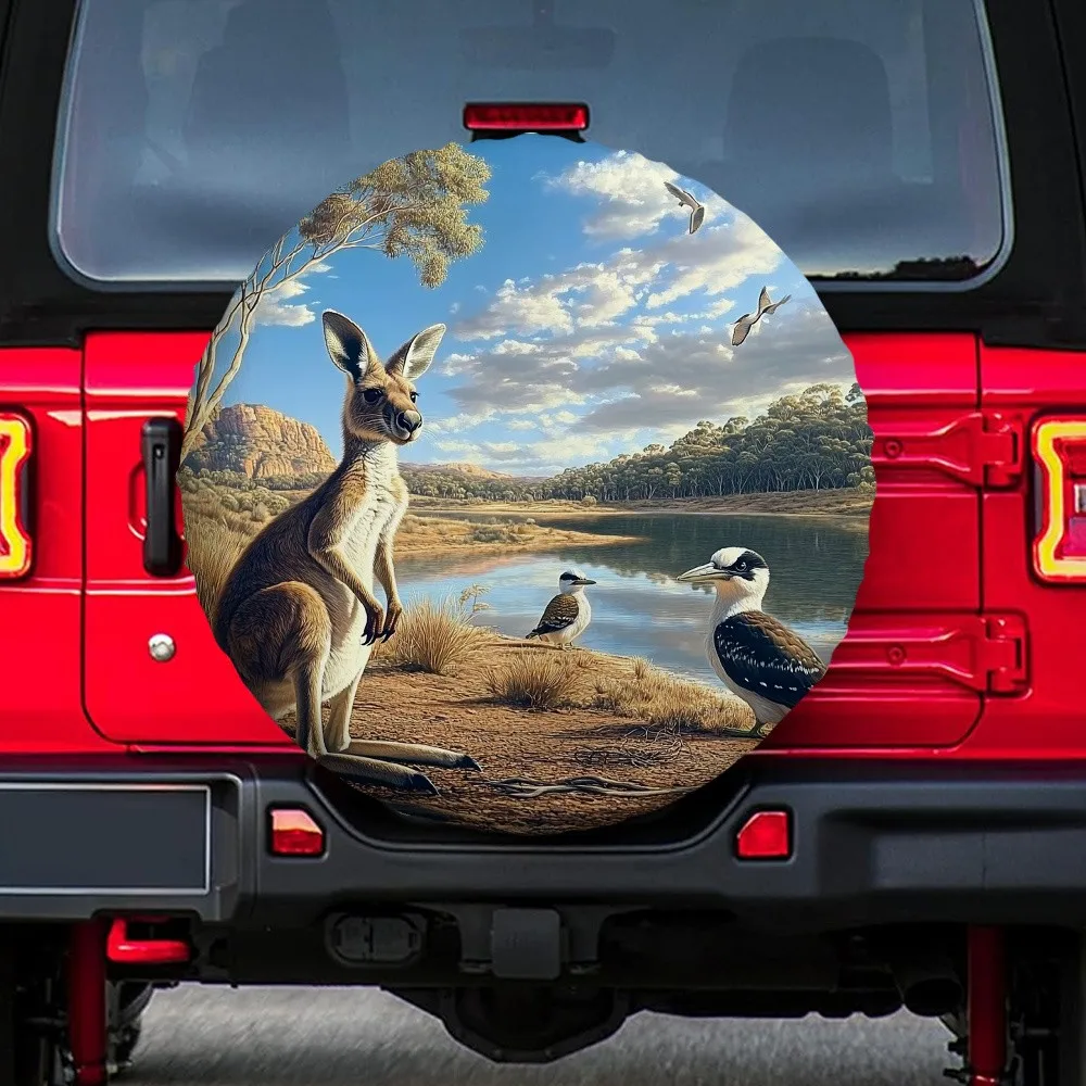 

Wild Kangaroo Kookaburra Landscape Tire Cover Durable Polyester Spare Wheel Protector
