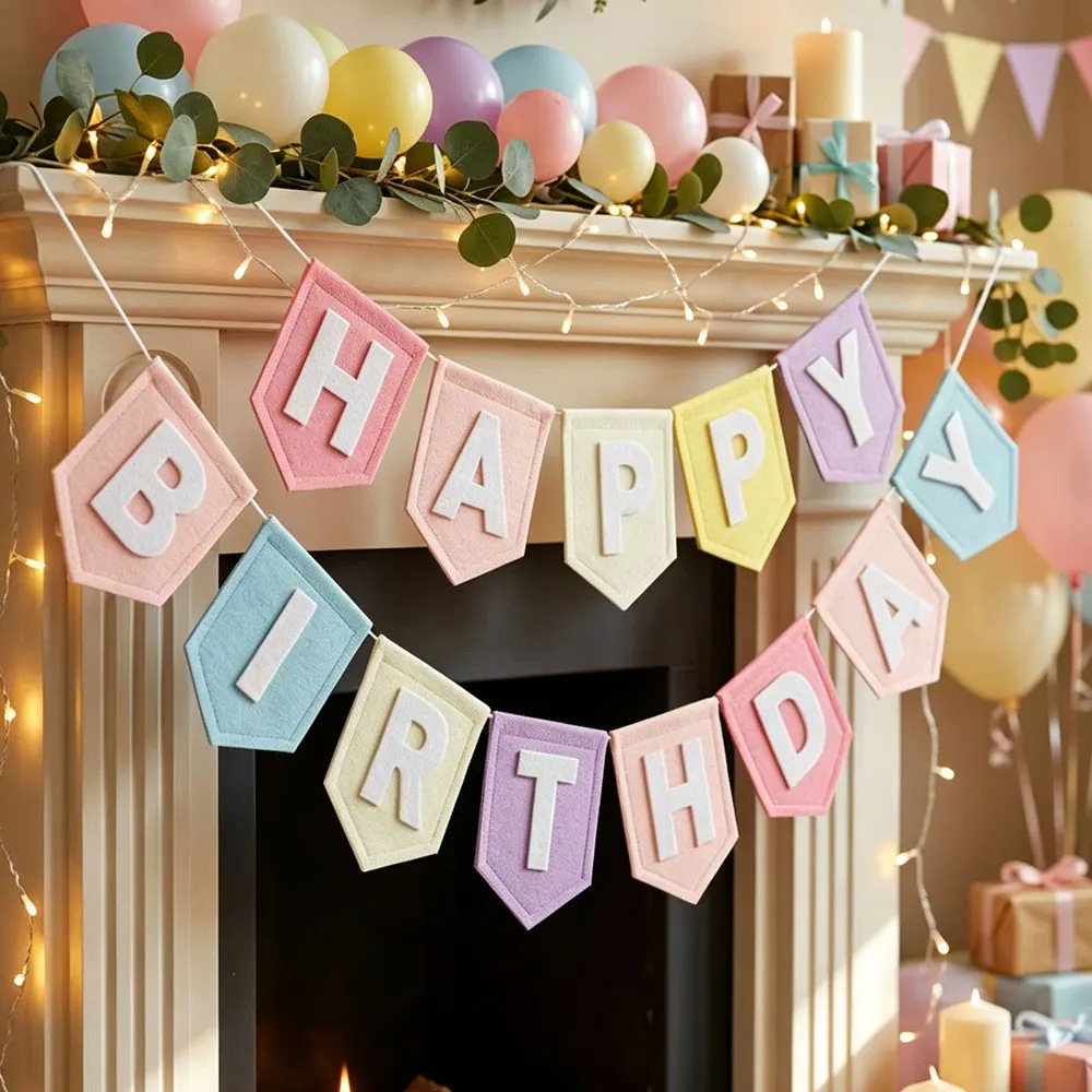 Filz-Geburtstagsgirlande, Banner, Makronen-Pastellfarben, Bunte Geburtstagsgirlande, Geburtstagsparty-Dekoration, Hintergrund – Detail 2