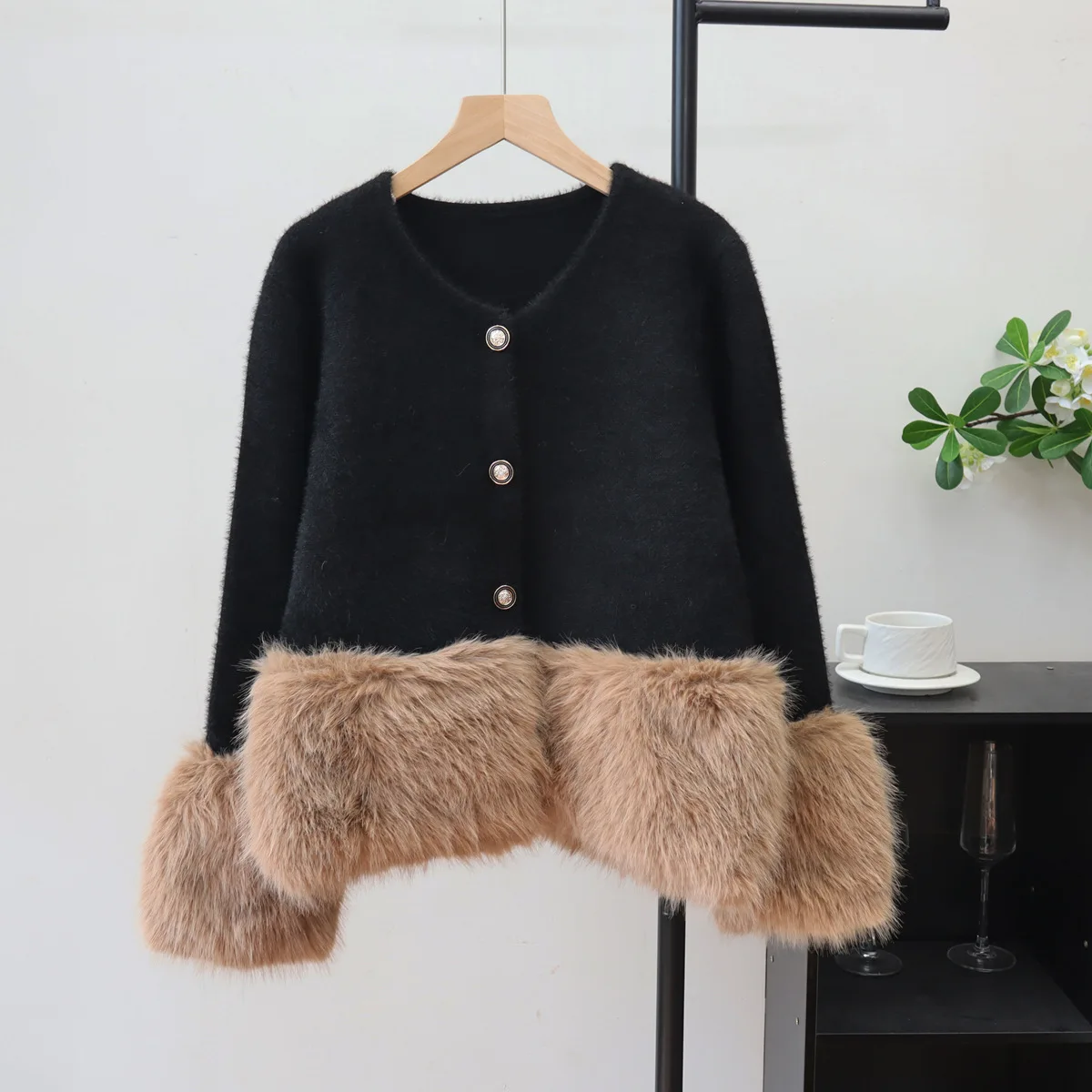 

Knitted Cardigan Sweaters Women Faux Mink Fur Jumpers Spliced Round Neck Long Sleeves Single Breasted Loose 2025 Autumn Winter