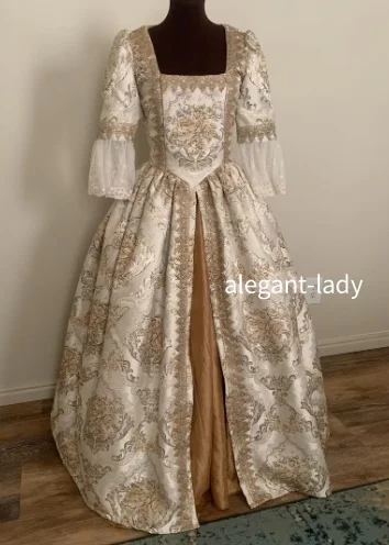 

Изготовленное на заказ золотое и кремовое парчовое французское вечернее платье Шарлотта Бриджертон королева Ренессанс бальное платье винтажное платье