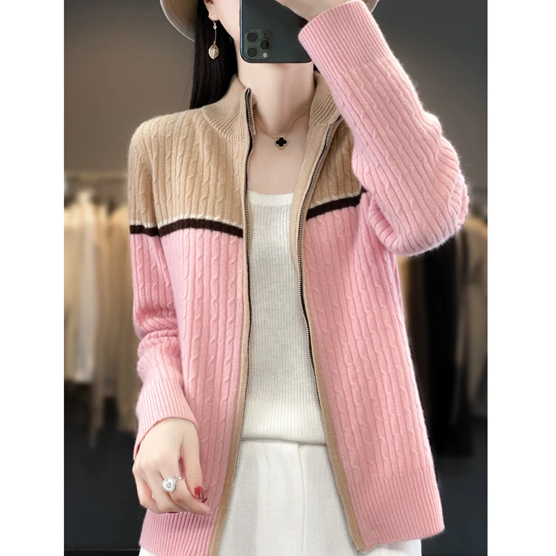 

Cashmere Cardigan for Women, Knitted Coat, Half-High Collar, Twisted Zipper, Color Matching, Temperament, 100%