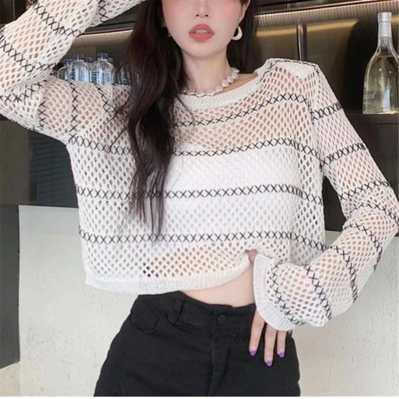 Mesh O-Neck for T Shirt Women Loose See Through Stripe Knit Fishnet Crop Top Cov N7YF