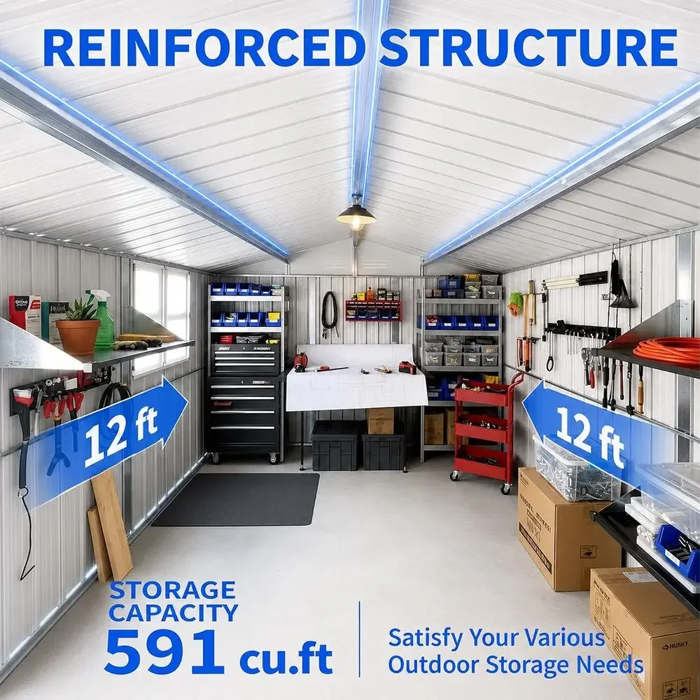 10x12 Outdoor Metal Storage Shed with Window, Door, Worktable & 2 Shelves, Weatherproof Garden Shed in White & Black - view 5