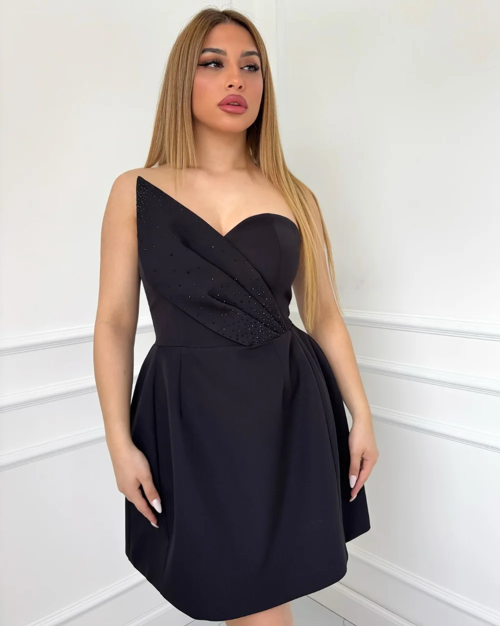 

Customized Sexy Sizes Available Jersey Pleat Draped Sequined A-line Strapless Short Dresses Bespoke Occasion Dresses Fashion