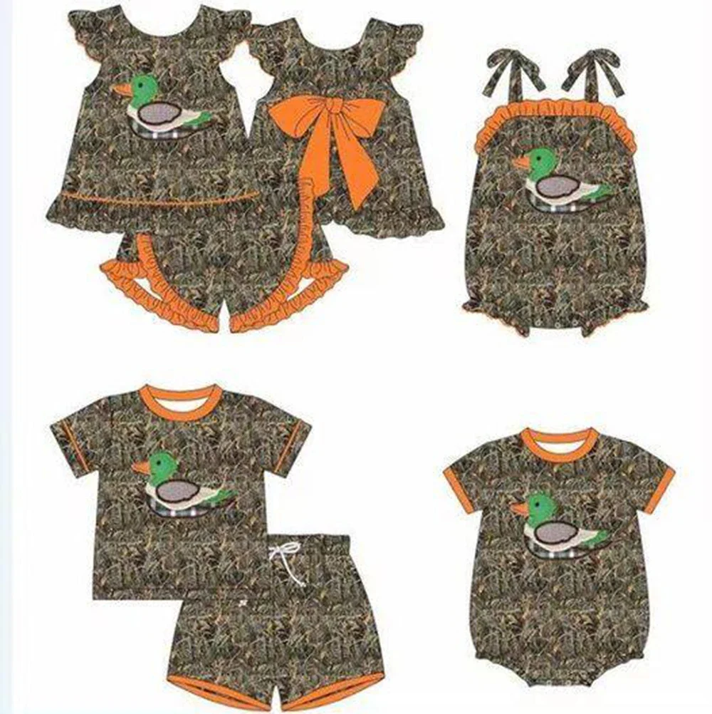 Hot children's clothing set duck print tree branch texture elements toddler summer new milk silk children's matching set