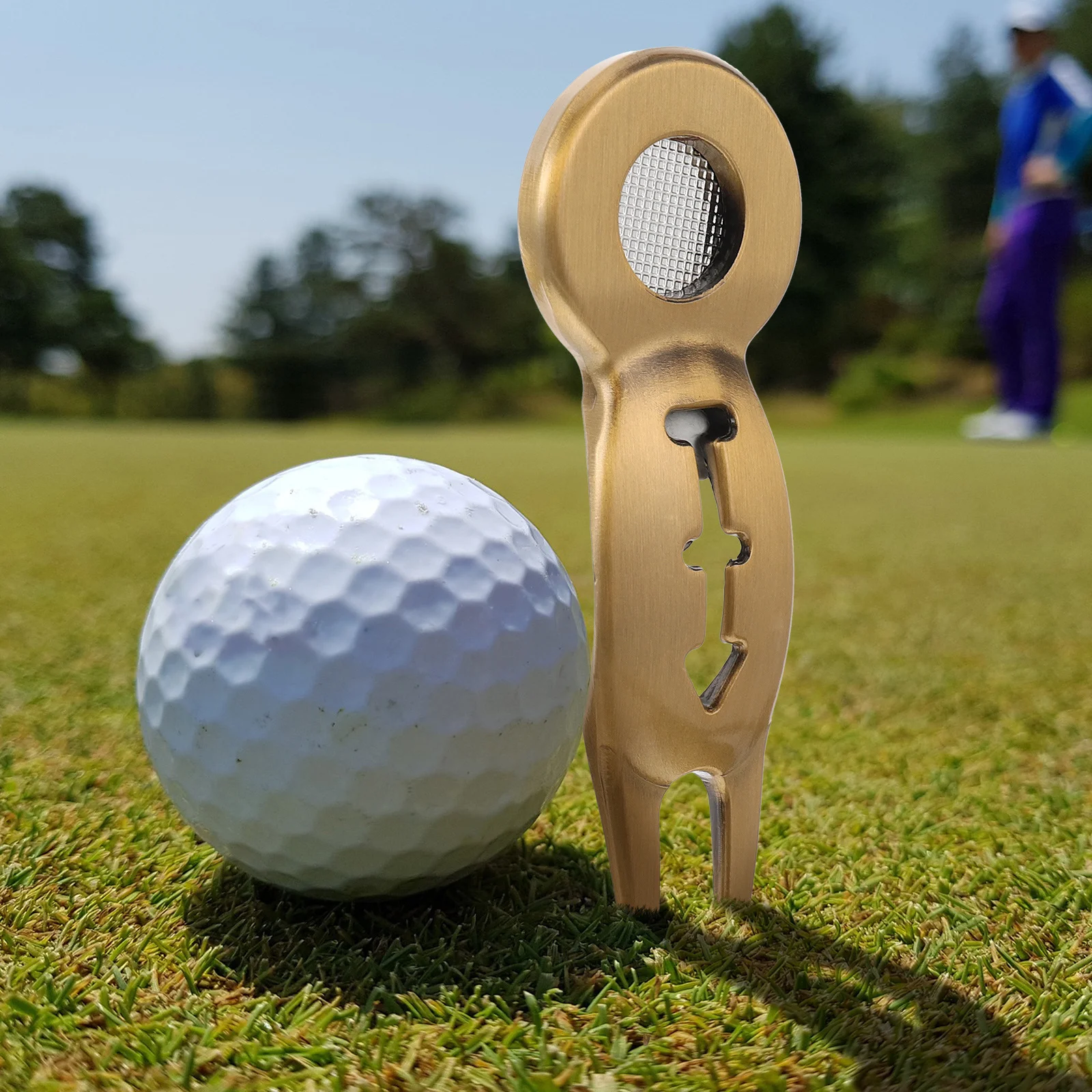 Premium Metal Golf Fork with Ball Marker Base Compact Divot Repair Device for Smooth Putting Surface Care
