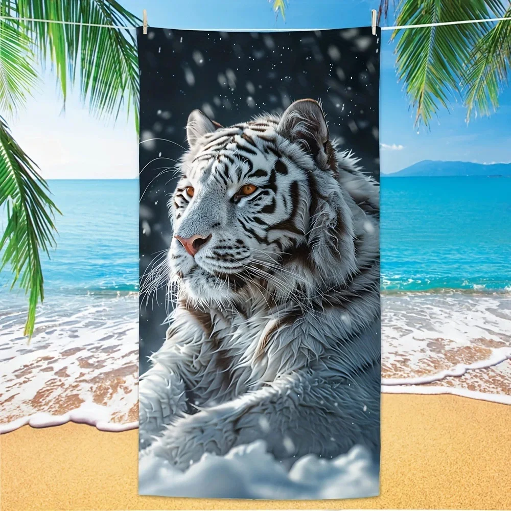 Majestic Beast Beach Towel Artistic White Tiger, Howling Wolf, Lion & Tiger Cub Design, Soft Sand-Free Towel for Pool & Travel