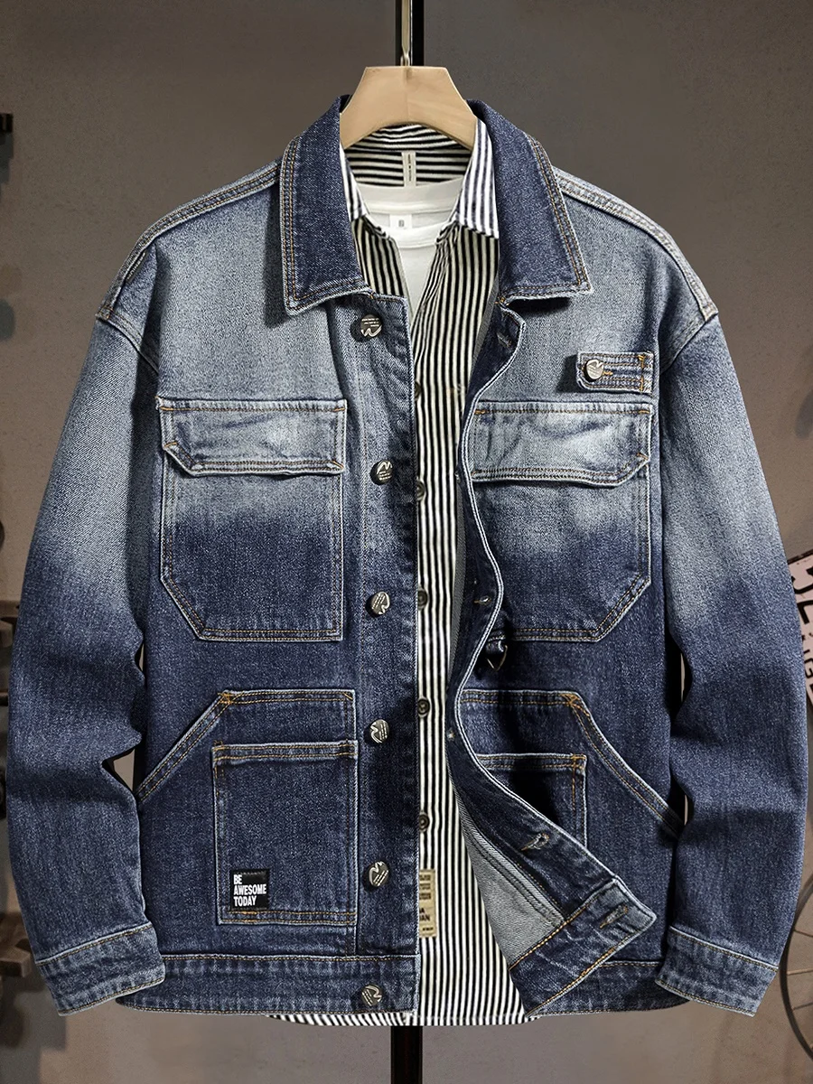 

High-Quali Vintage Waed American Sle Men's Denim Jaet Multi-ket Workwear Jaet Haome Youth Faion Cotton Poly...